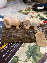 Load image into Gallery viewer, RWK Pair of Soap Stone Elephants on Pecan Log

