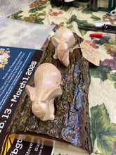 Load image into Gallery viewer, RWK Pair of Soap Stone Elephants on Pecan Log
